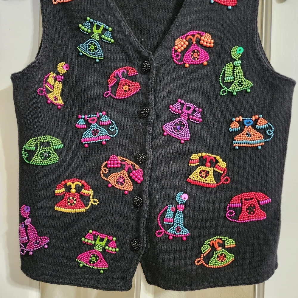 Vintage Michael Simon Beaded Telephone Vest Art Knit Whimsical Y2K READ DESC
